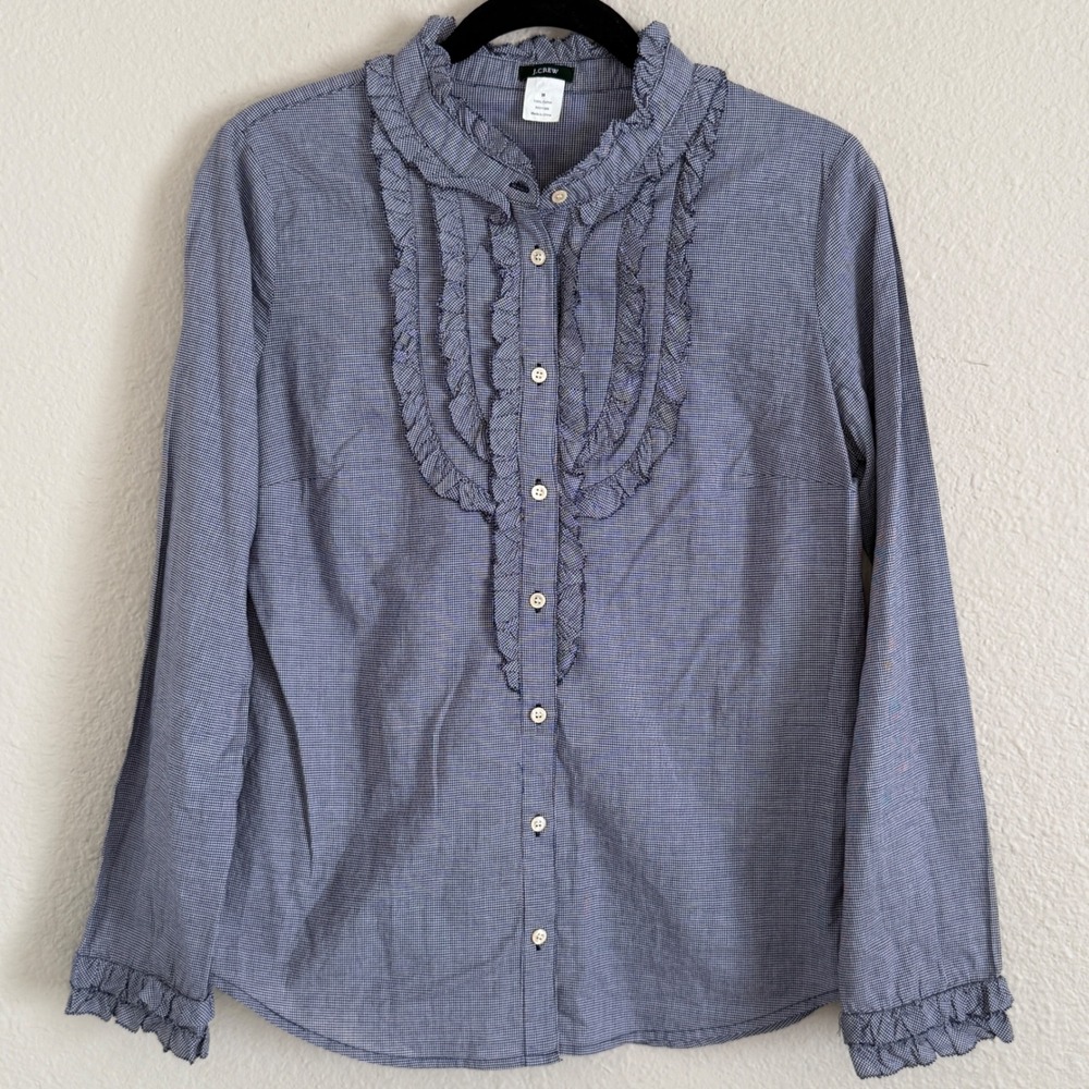 J Crew Womens Medium Navy Gingham Ruffle Victorian Poet Preppy‎ Cottage Beach